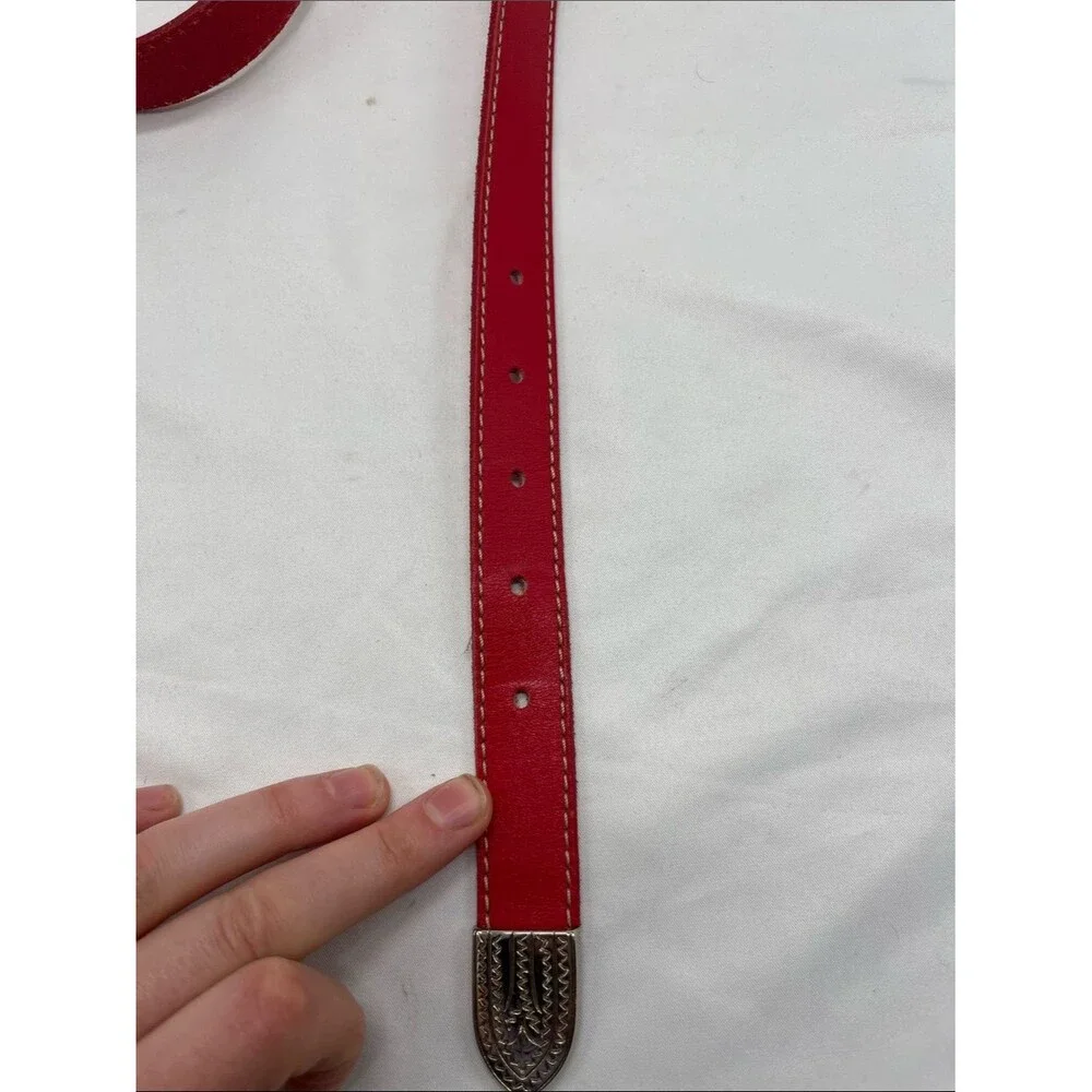 Red Genuine Leather Skinny Belt with Silver Toned Metal Buckle